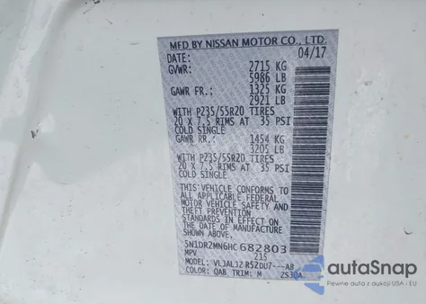 2017 Nissan Pathfinder Platinum from USA, damaged, VIN 5N1DR2MN6HC682803